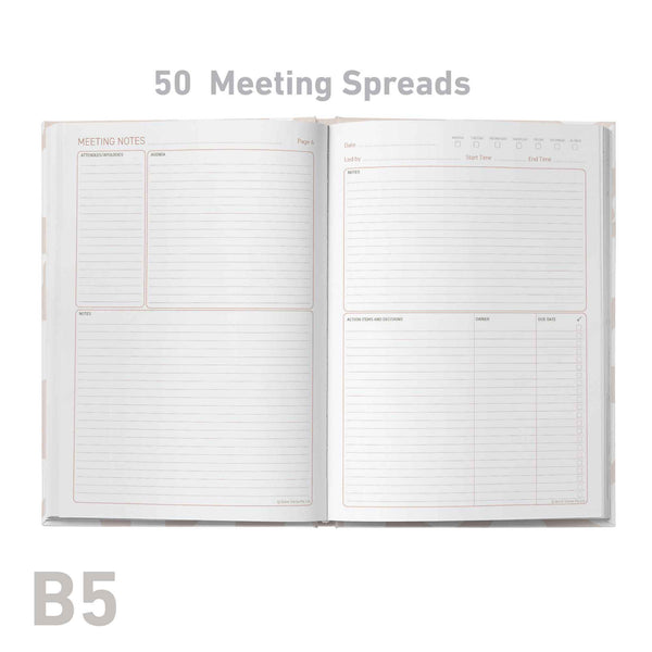 Open meeting log book showing meeting spreads with '50 Meeting Spreads' text and 'B5' size label.