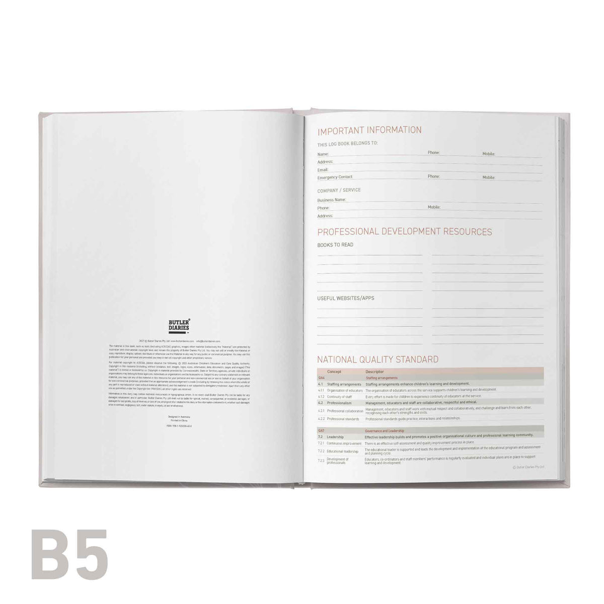 Open professional development log book with text on a white background