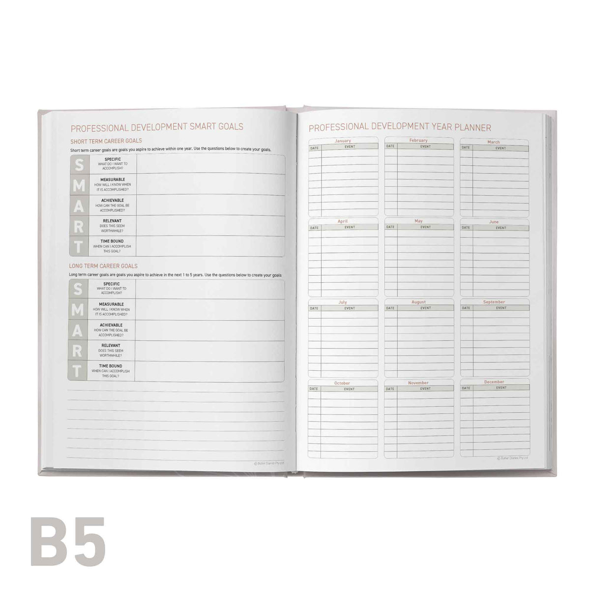 Open professional development log book with professional development sections on a white background
