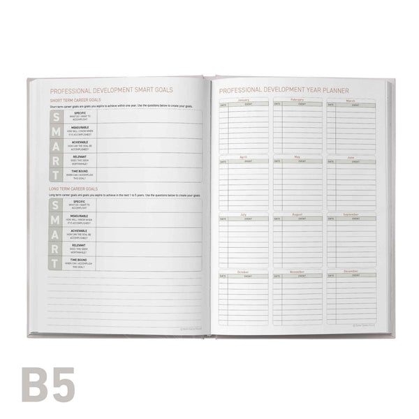 Open professional development log book with professional development sections on a white background