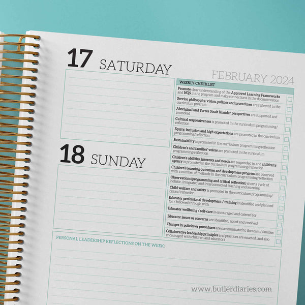 2024 Educational Leader Diary showcasing weekend planner and checklist