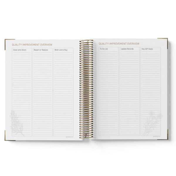 Open spiral-bound 2027 Educational Leader Diary showing a quality improvement overview section on white background