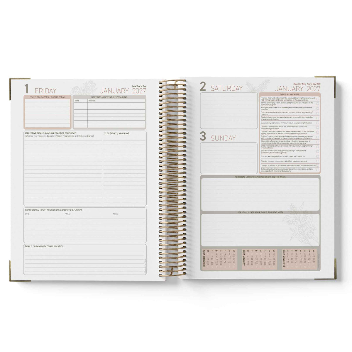 Open 2027 Educational Leader Diary showing a weekly layout with dates and time slots on a white background
