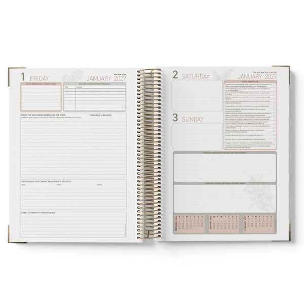 Open 2027 Educational Leader Diary showing a weekly layout with dates and time slots on a white background