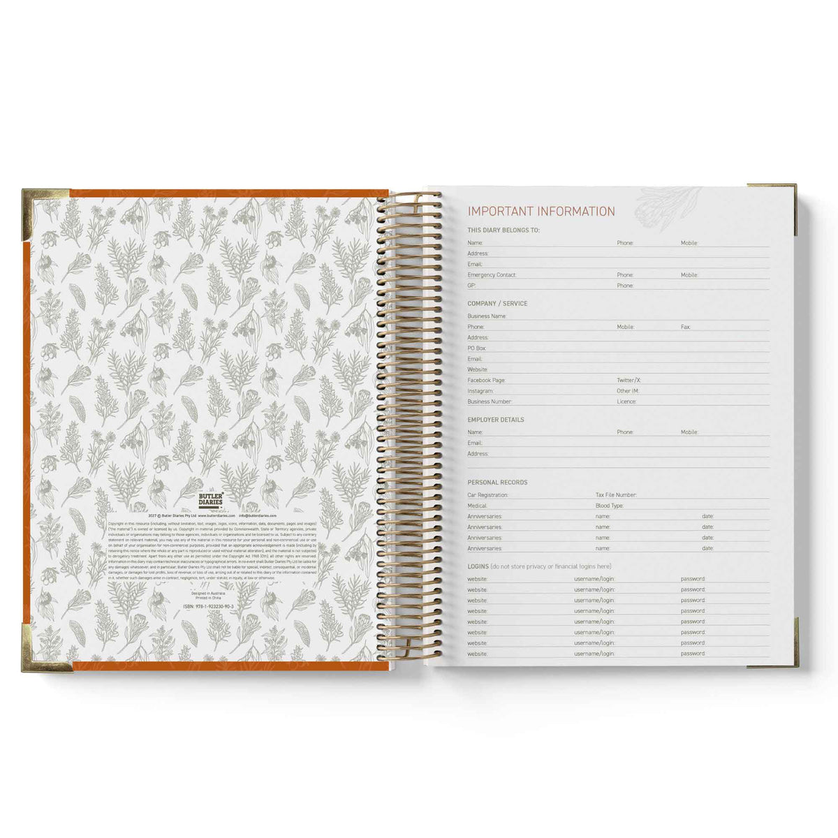 Open spiral-bound 2027 Educational Leader Diary with floral pattern on left page and text on right page.