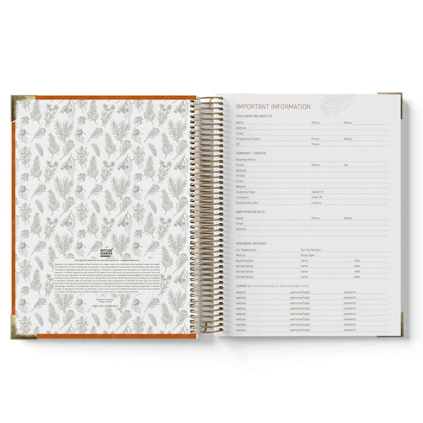 Open spiral-bound 2027 Educational Leader Diary with floral pattern on left page and text on right page.