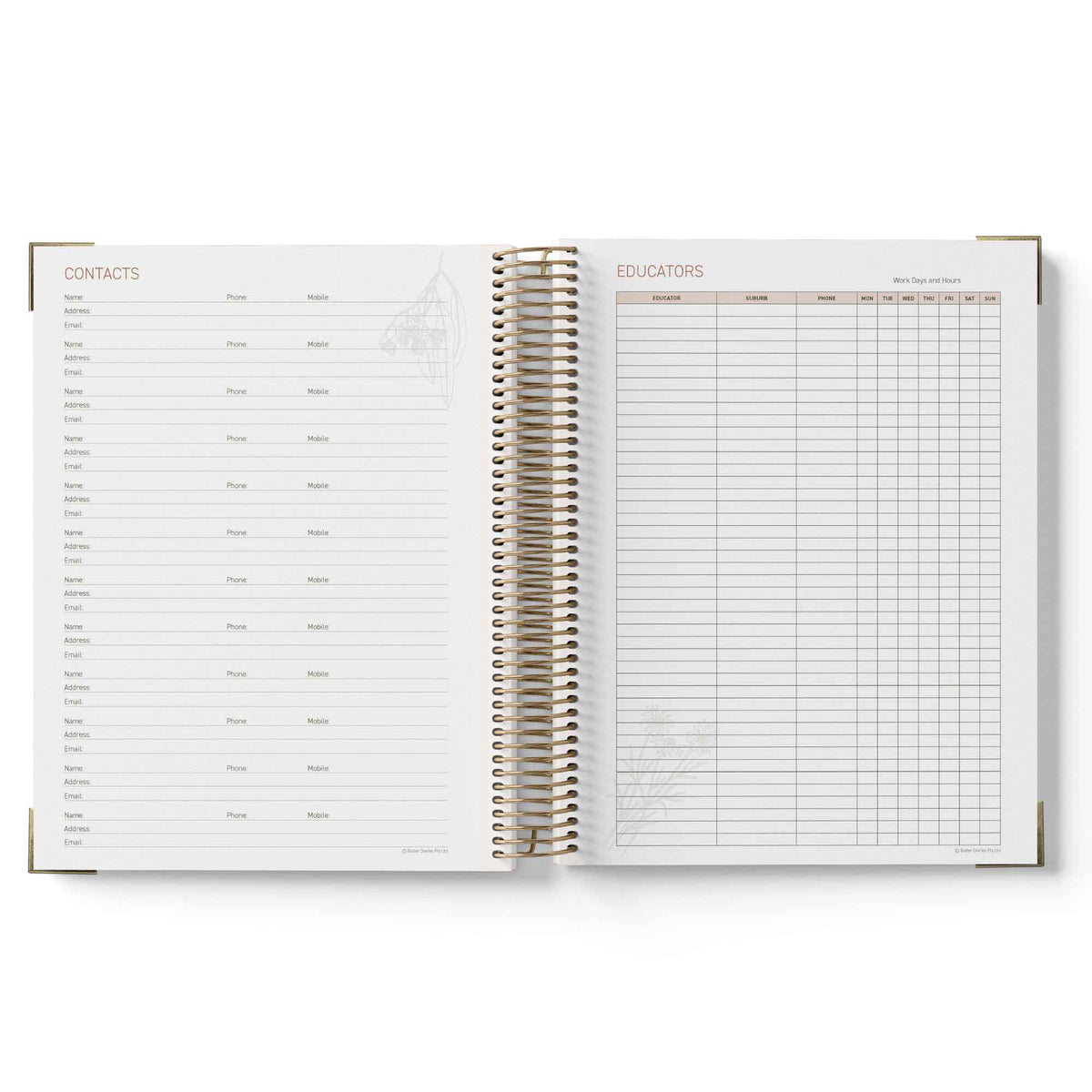 Open spiral-bound 2027 Educational Leader Diary showing pages labeled 'Contacts' and 'Educators'.