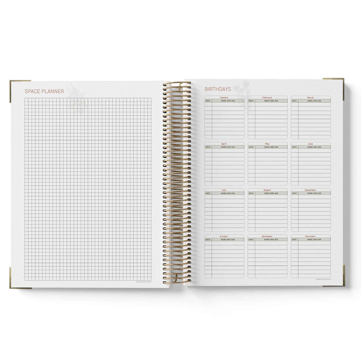 Open spiral-bound 2027 Educational Leader Diary with grid and list pages on a white background