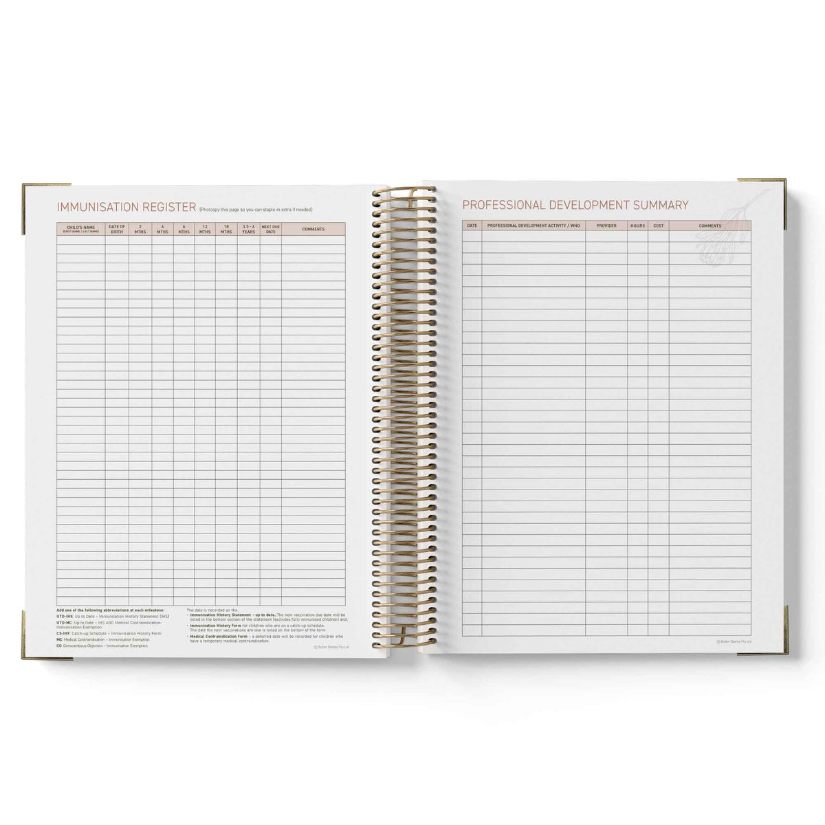 Open spiral-bound 2027 Educational Leader Diary showing pages titled 'Communication Register' and 'Professional Development Summary'.