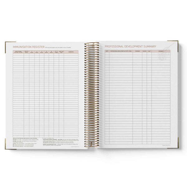 Open spiral-bound 2027 Educational Leader Diary showing pages titled 'Communication Register' and 'Professional Development Summary'.