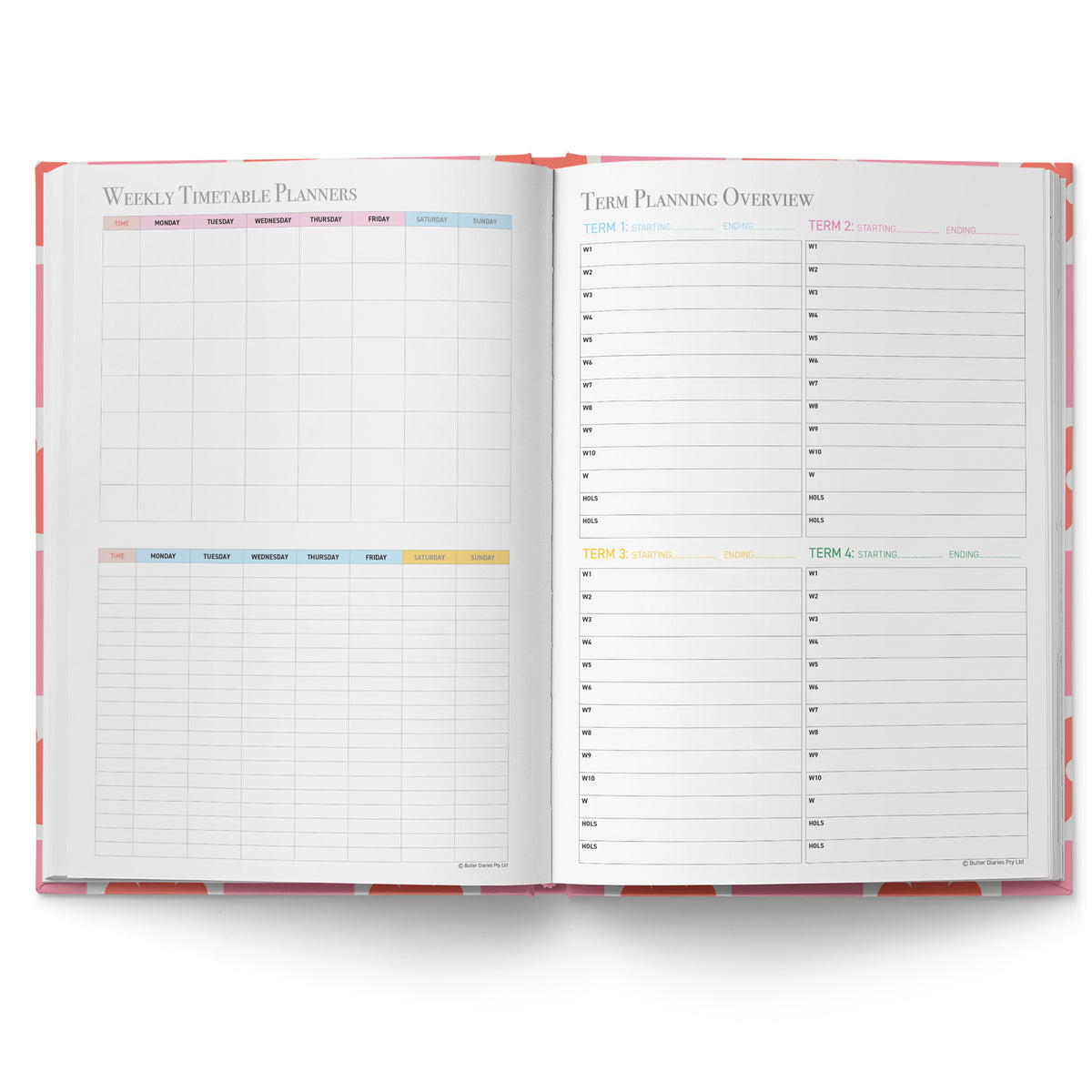 Open weekly timetable planner with colorful design on a white background