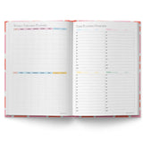 Open weekly timetable planner with colorful design on a white background