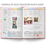 Open diary showing daily entries and photos of a busy educator's life.