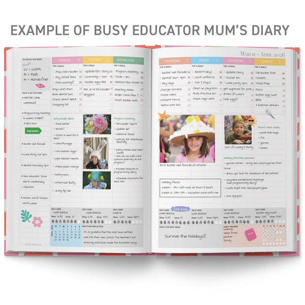 Open diary showing daily entries and photos of a busy educator's life.