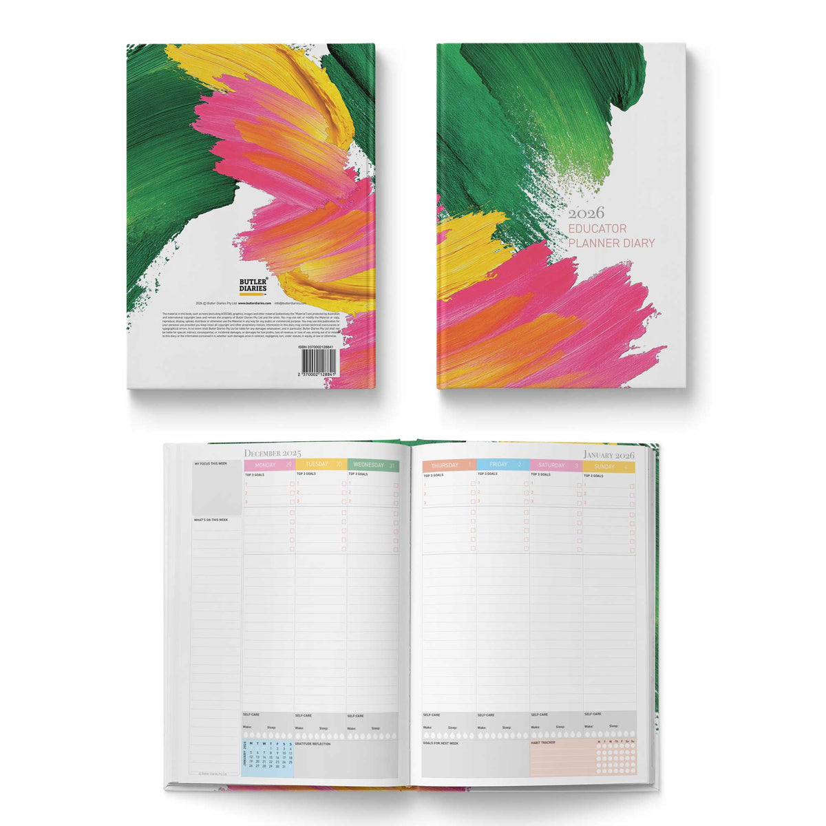 Planner diary with colorful abstract design on cover and open to show monthly layout.