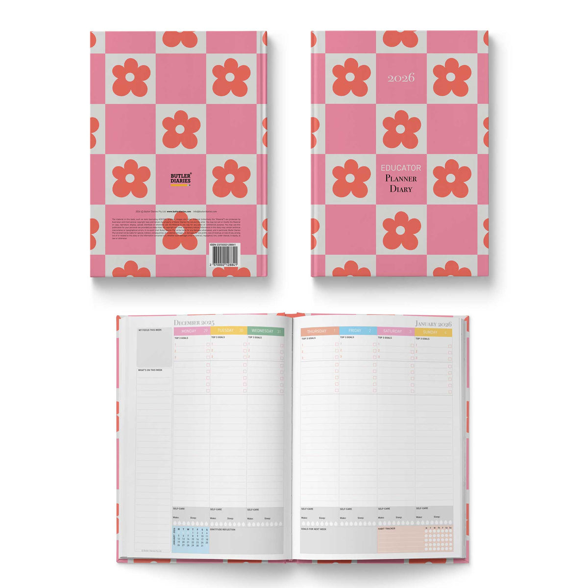 Pink planner diary with floral design on cover and open to show weekly layout.