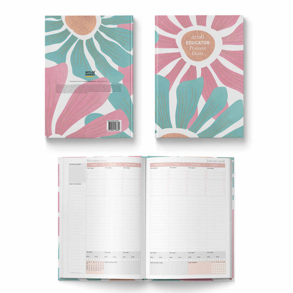 Floral design planner with open pages on a white background