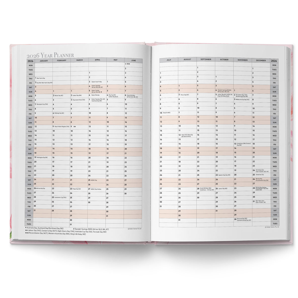 Open planner with monthly calendar layout on white background