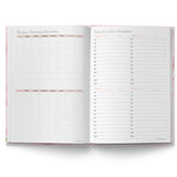 Open planner showing weekly timetable planners and term planning overview on a white background