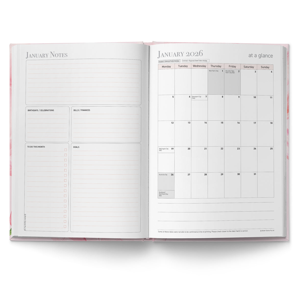 Open planner showing January 2026 calendar and notes section on a white background