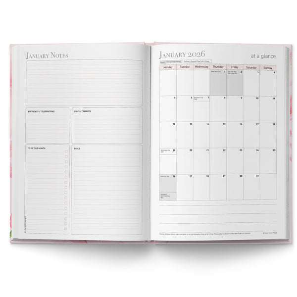 Open planner showing January 2026 calendar and notes section on a white background