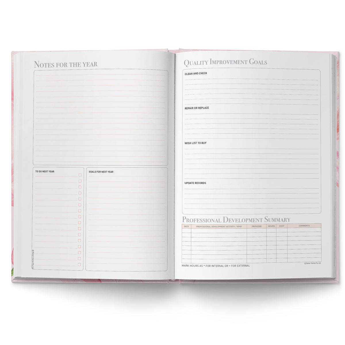 Open planner with sections for 'Notes for the Year', 'Quality Improvement Goals', and 'Professional Development Summary'.