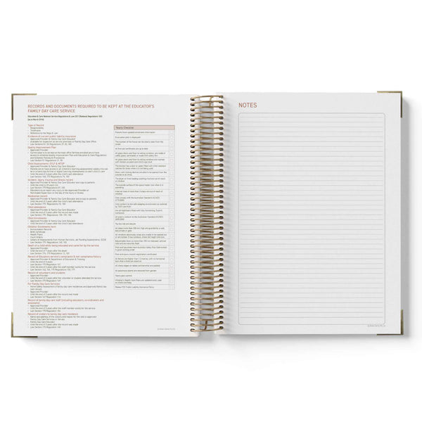 Open notebook with a list on one page and notes on the other, on a white background