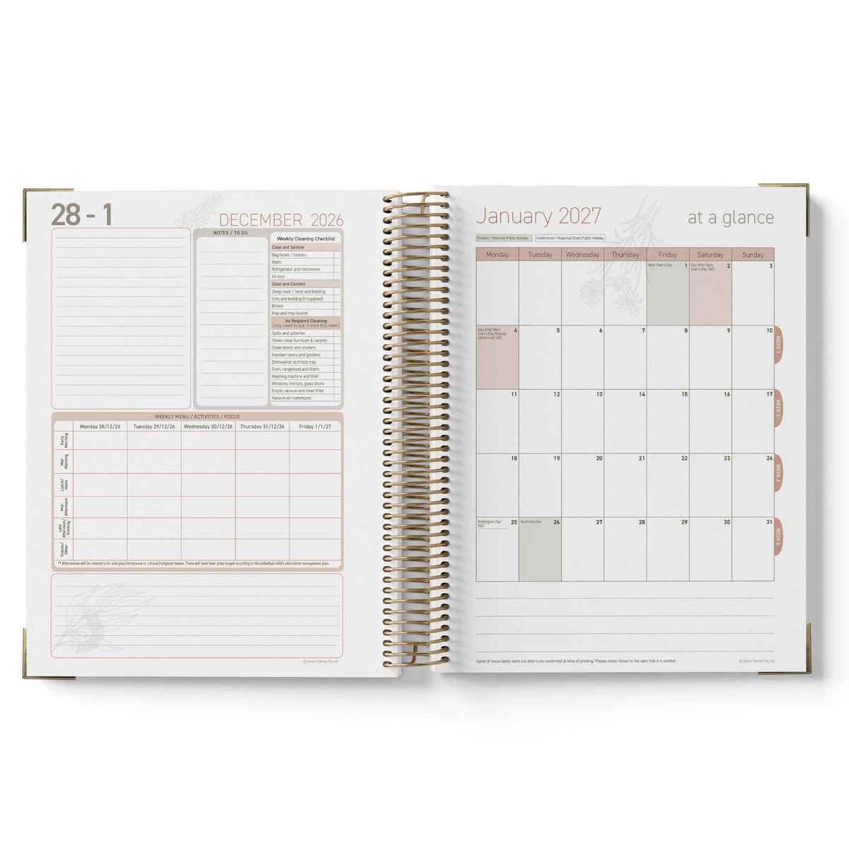 Open planner showing calendar pages from December 2026 to January 2027 on a white background.