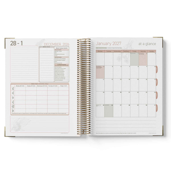 Open planner showing calendar pages from December 2026 to January 2027 on a white background.
