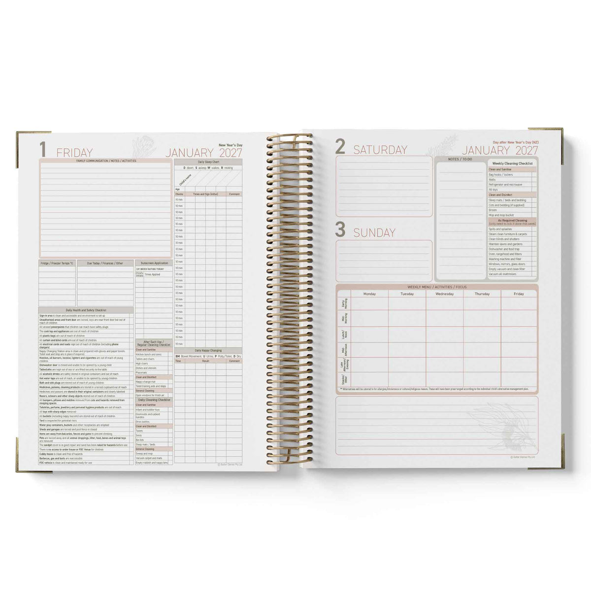 Open daily planner with January 2023 dates on a white background