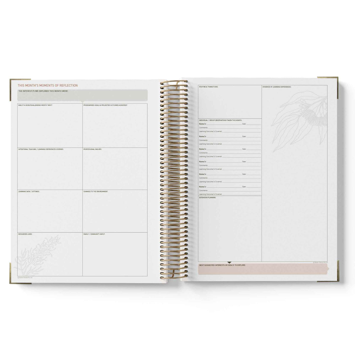 Open planner with white pages on a white background