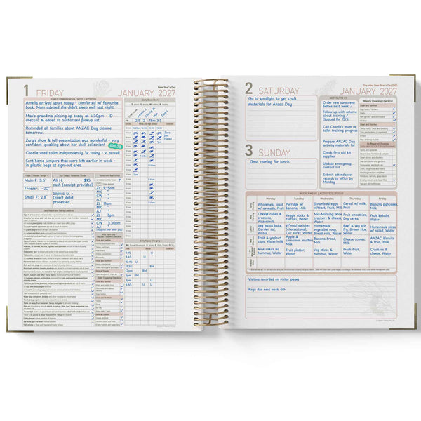 Open FDC diary planner showing a weekly schedule with dates and tasks on a white background