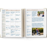 Open book showing educational content with a child at a playground