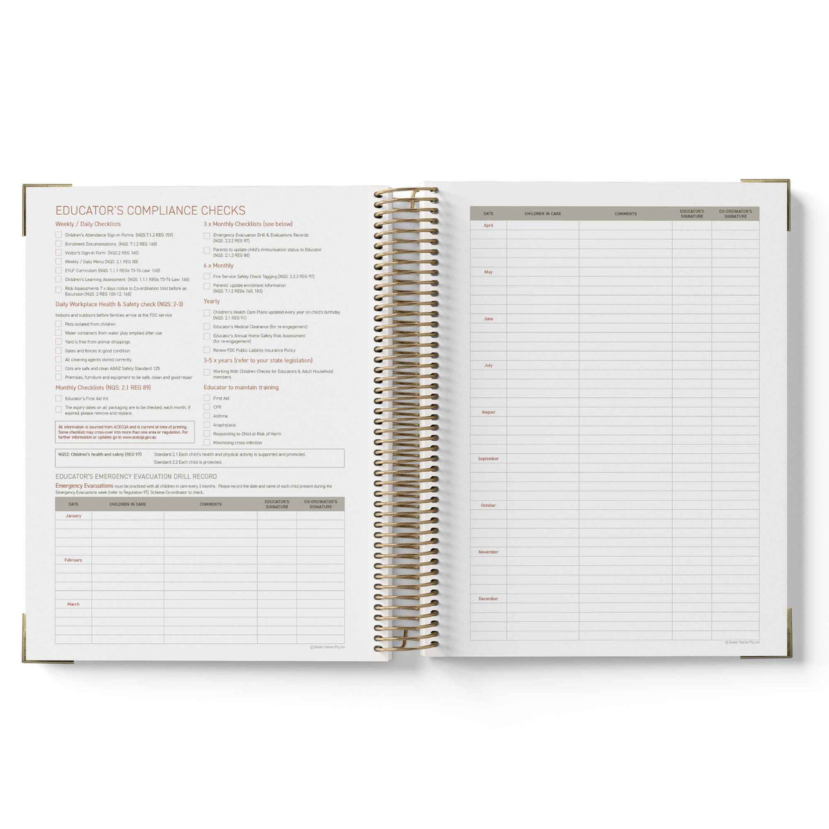 Open spiral-bound 2027 Family Day Care Checklist Diary showing pages with text and a checklist on a white background