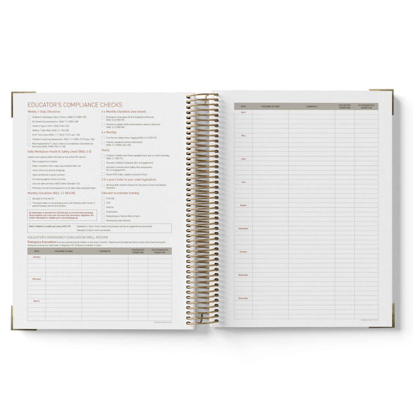 Open spiral-bound 2027 Family Day Care Checklist Diary showing pages with text and a checklist on a white background