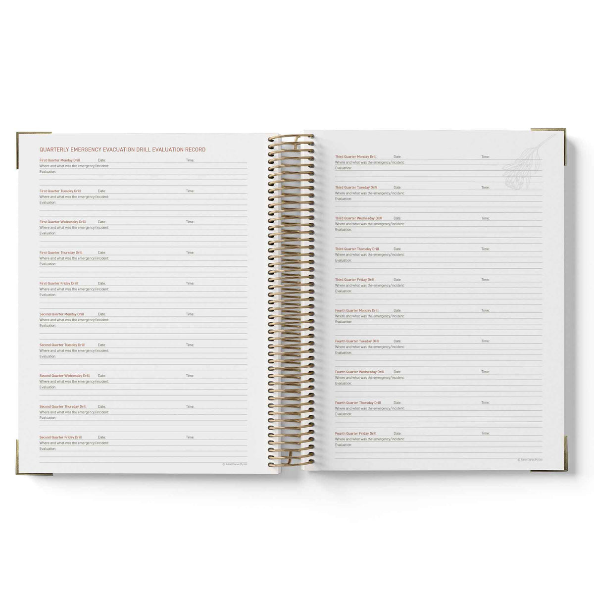 Open spiral-bound 2027 Family Day Care Checklist Diary with white pages on a white background