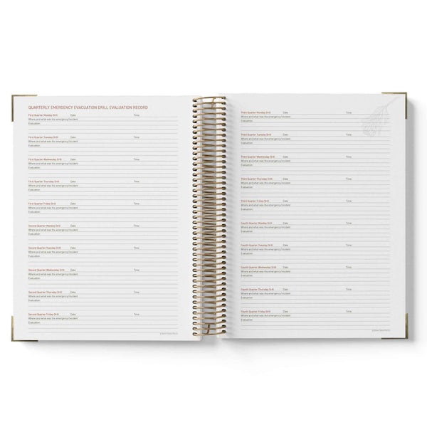 Open spiral-bound 2027 Family Day Care Checklist Diary with white pages on a white background