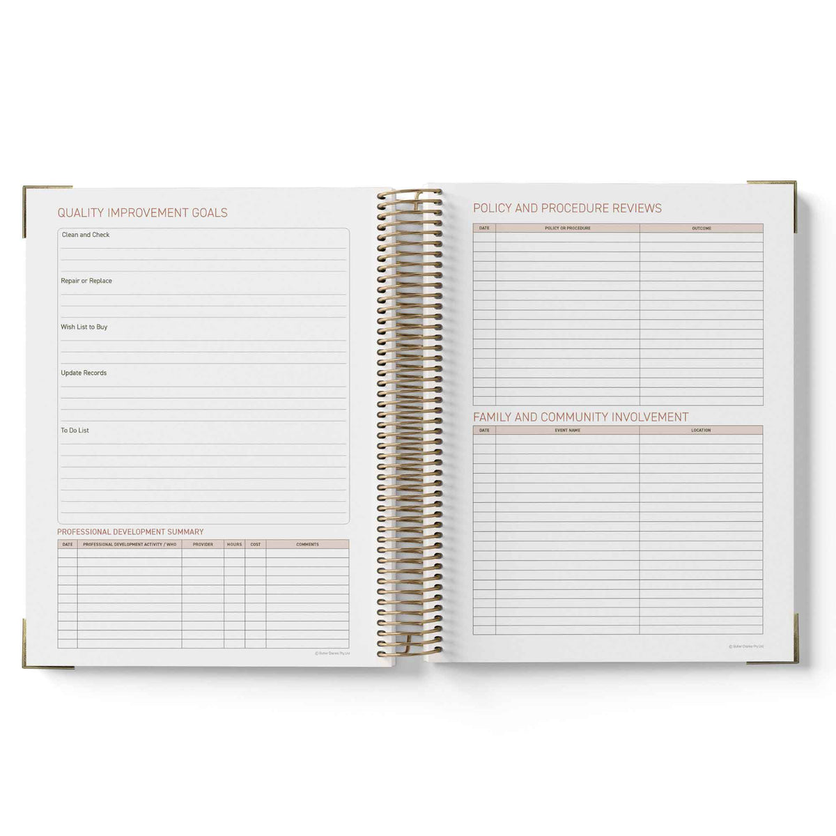Open 2027 Family Day Care Checklist Diary with sections for quality improvement goals, policy and procedure reviews, and family and community involvement on a white background.