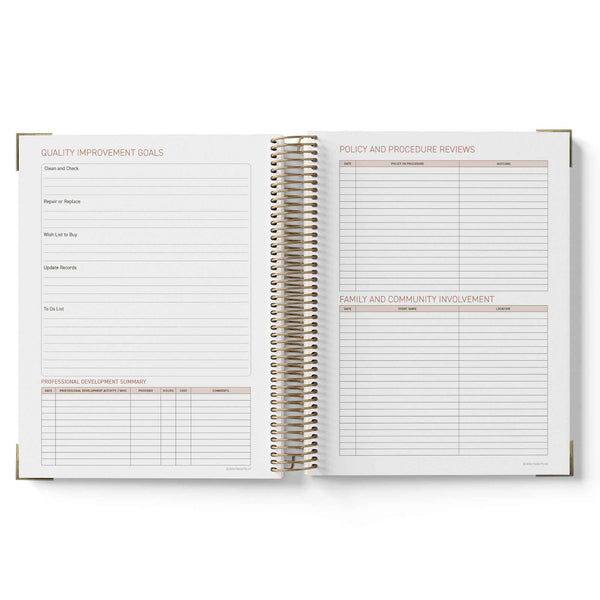 Open 2027 Family Day Care Checklist Diary with sections for quality improvement goals, policy and procedure reviews, and family and community involvement on a white background.