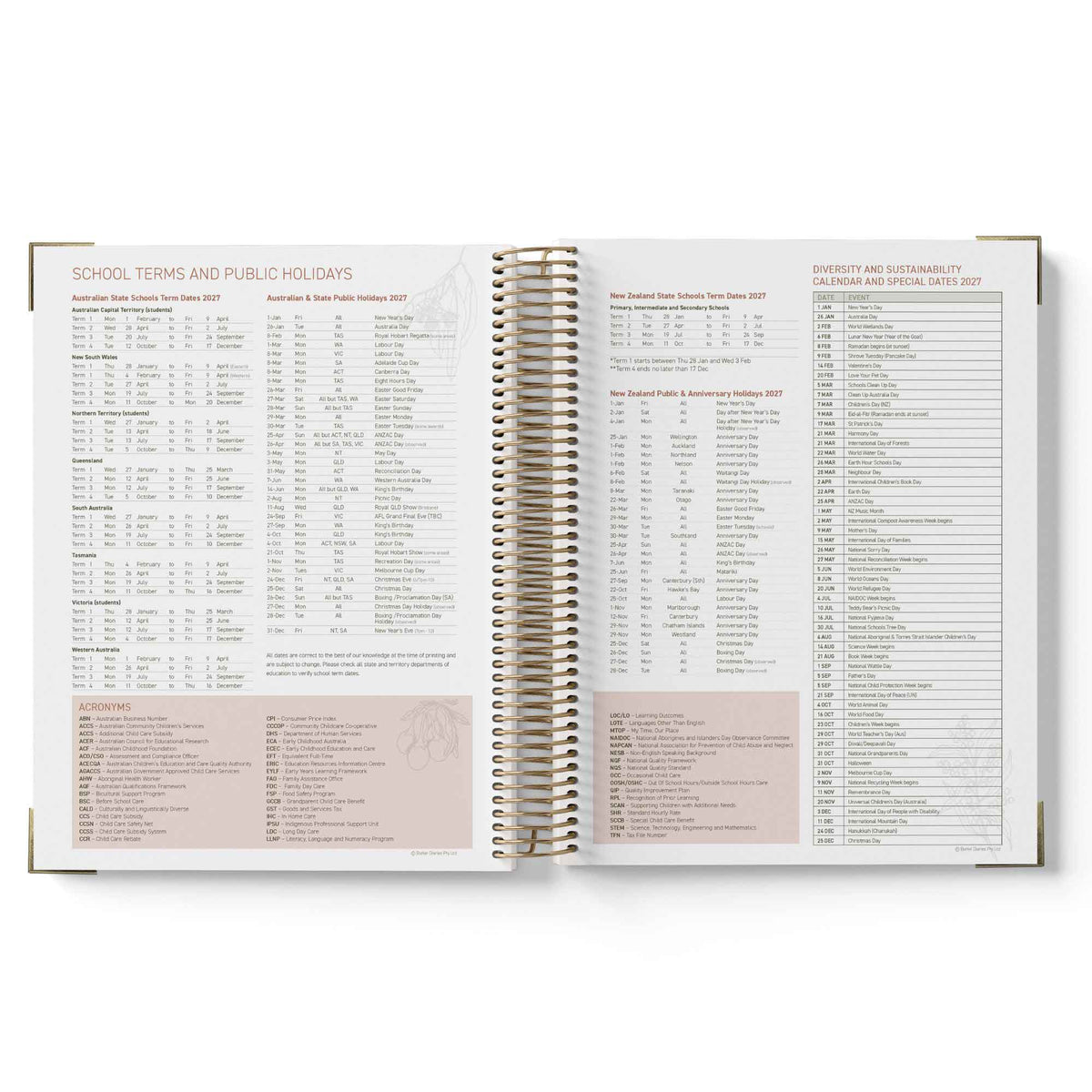 Open spiral-bound 2027 Family Day Care Checklist Diary with printed content on a white background