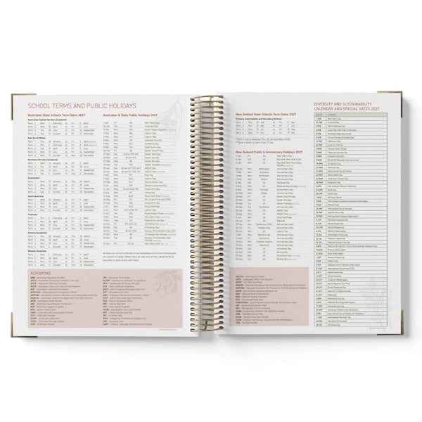 Open spiral-bound 2027 Family Day Care Checklist Diary with printed content on a white background
