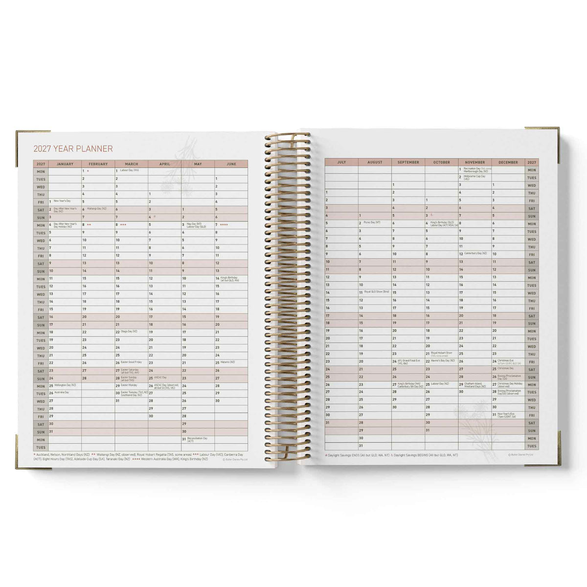 Open year 2027 Family Day Care Checklist Diary with monthly and weekly schedules on a white background