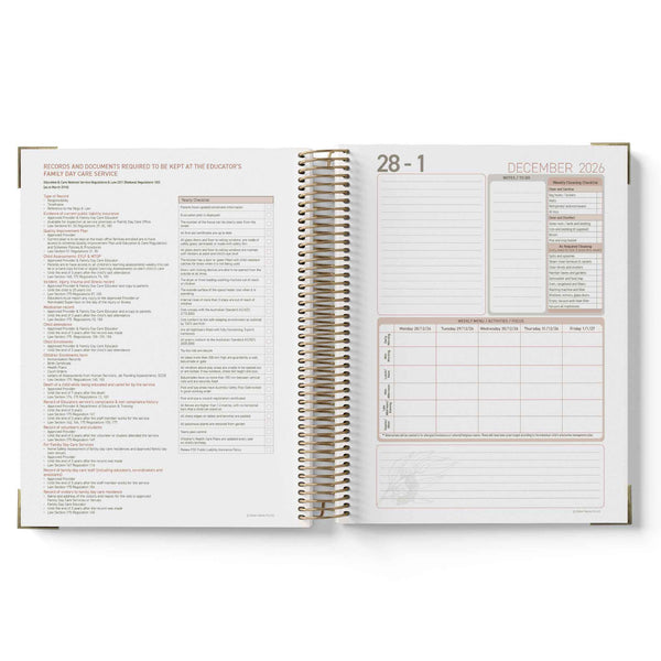 Open 2027 Family Day Care Checklist Diary showing a daily schedule and notes section on a white background