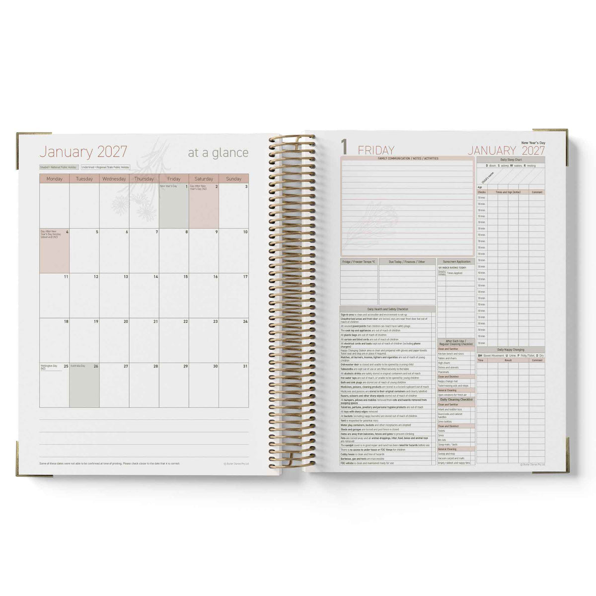Open 2027 Family Day Care Checklist Diary showing January 2027 calendar and weekly layout on a white background