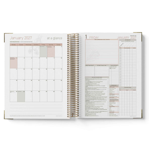 Open 2027 Family Day Care Checklist Diary showing January 2027 calendar and weekly layout on a white background