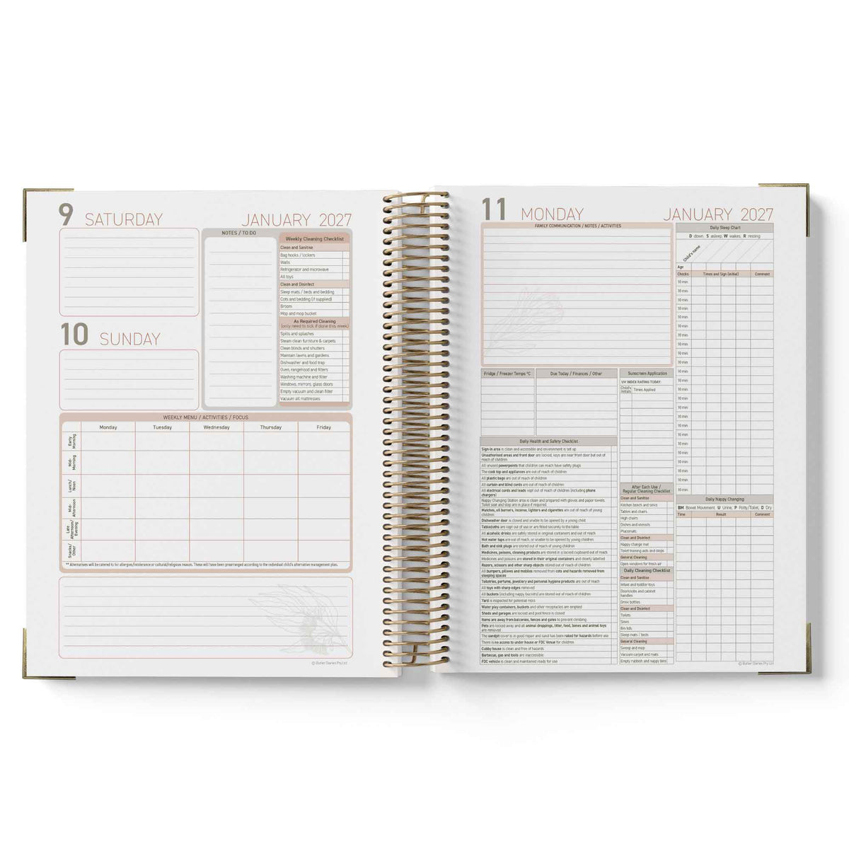 Open daily 2027 Family Day Care Checklist Diary with calendar and notes sections on a white background