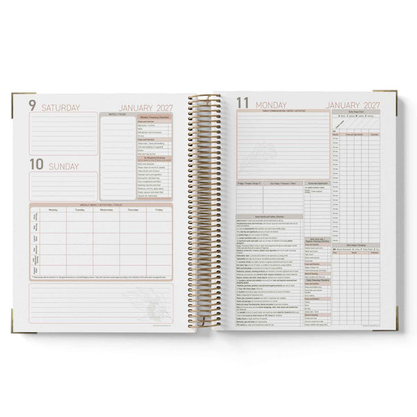 Open daily 2027 Family Day Care Checklist Diary with calendar and notes sections on a white background