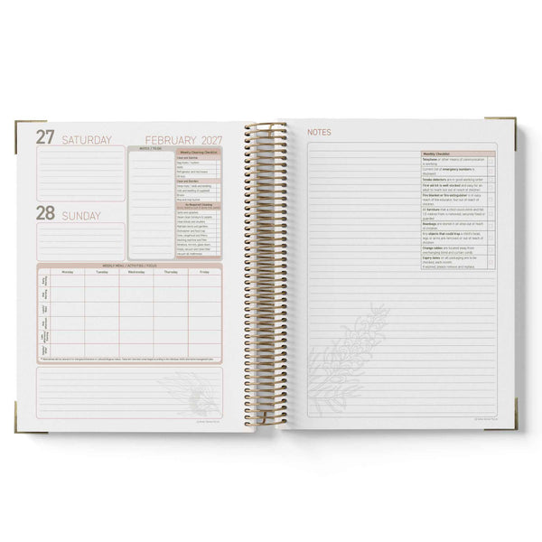Open 2027 Family Day Care Checklist Diary showing a weekly layout with dates and notes on a white background