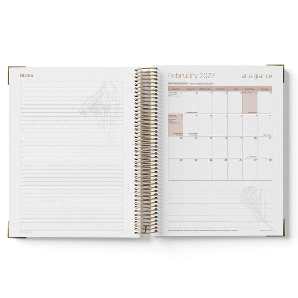 Open spiral-bound 2027 Family Day Care Checklist Diary showing notes section and February 2027 calendar on a white background