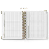 Open spiral-bound 2027 Family Day Care Checklist Diary with grid and checklist pages on a white background
